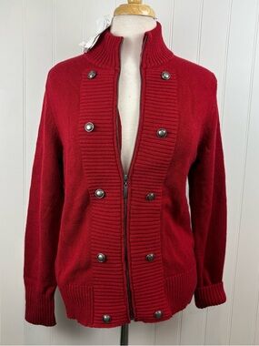 Northern Reflections Red Zip Cardigan Mock Neck Button Detail L NWT